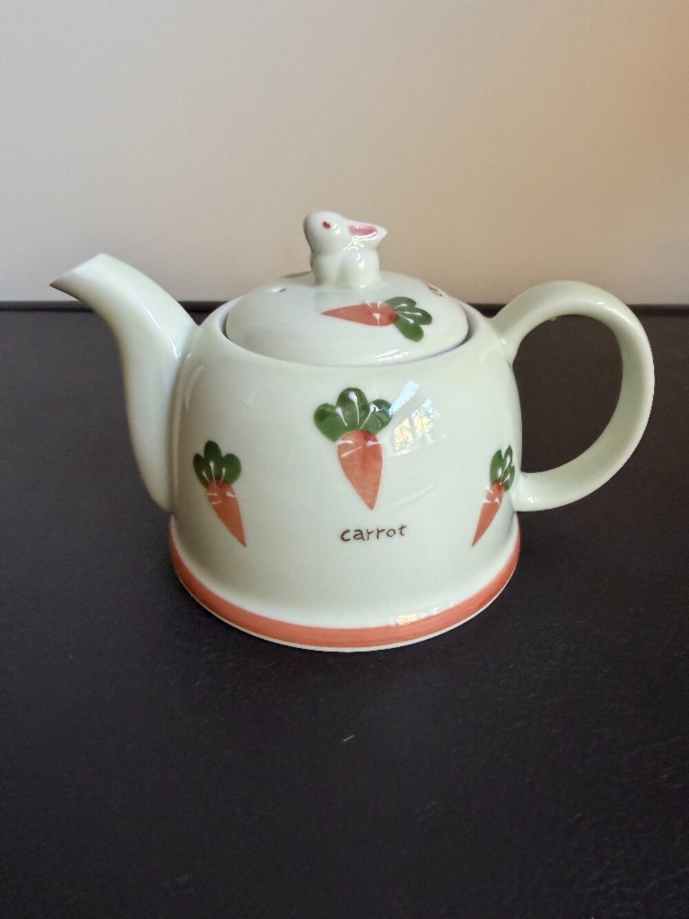 Vintage Signed Bunny Carrot Teapot Pale Celadon Green Glaze